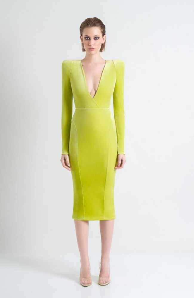 green stretch velvet dress Winter V Neck Velvet Evening Dress Long Sleeves Stretch Waist Side Sl 8 / Green