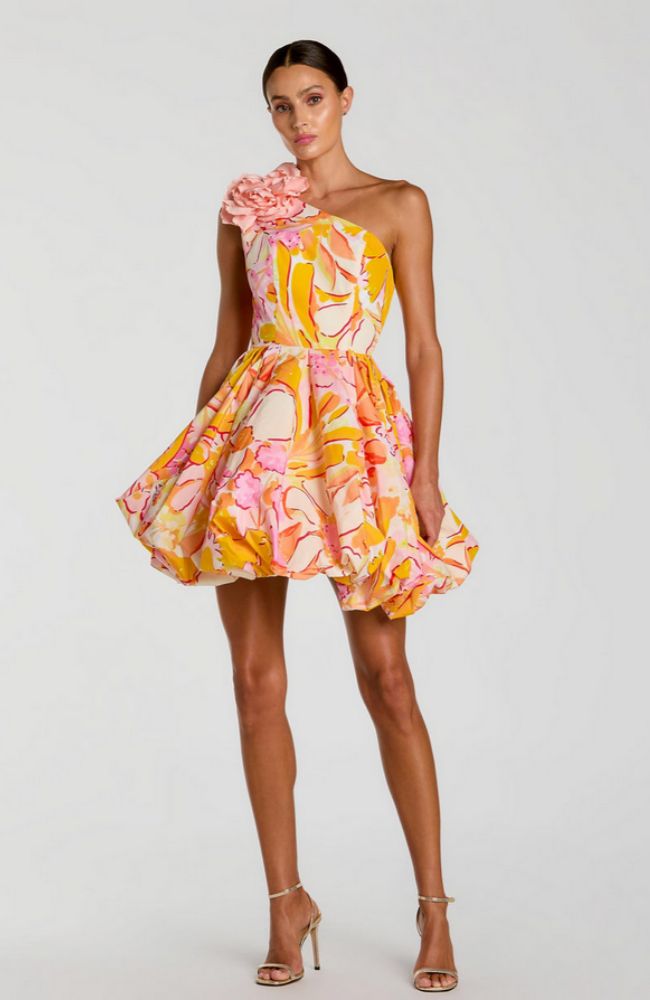 Multicolor One Shoulder Bubble Hem Faille Mini Dress