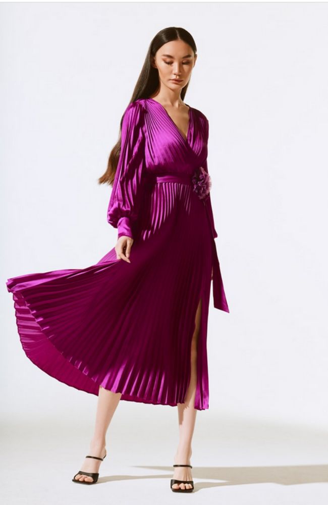 silk pleated midi dress Zora One Shoulder Pleated Midi Dress