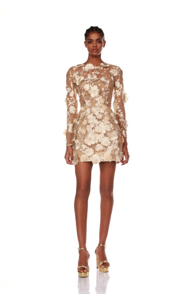 slim fit dress slacks Silver Metallic Long-Sleeve Sequined Mini Dress L / 8 / Silver