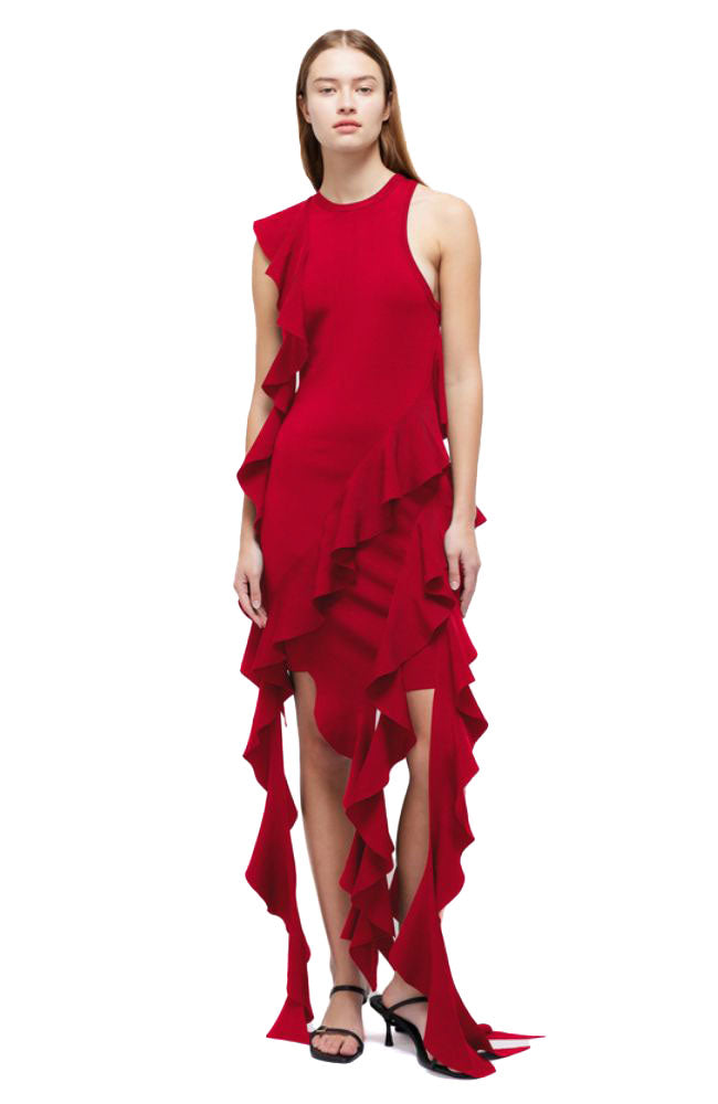 cascading ruffle red dress Cascade Ruffle Midi Dress in Red