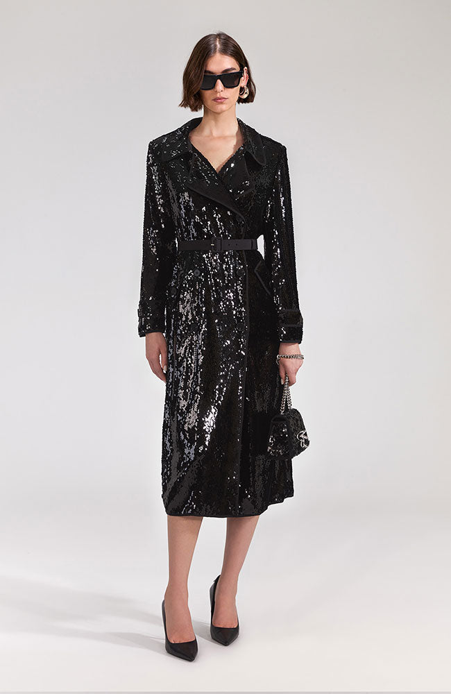 black sequin coat dress Women's Black Sequin Tassel Tie Detail Blazer Dress