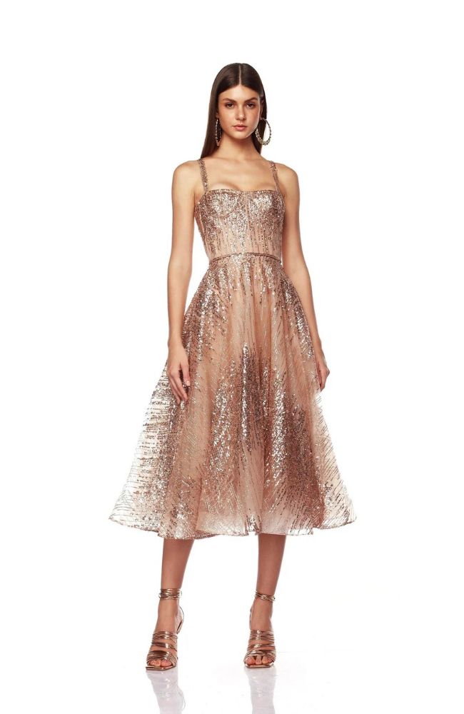 Mademoiselle Gold Midi Dress  shoprodeodrive