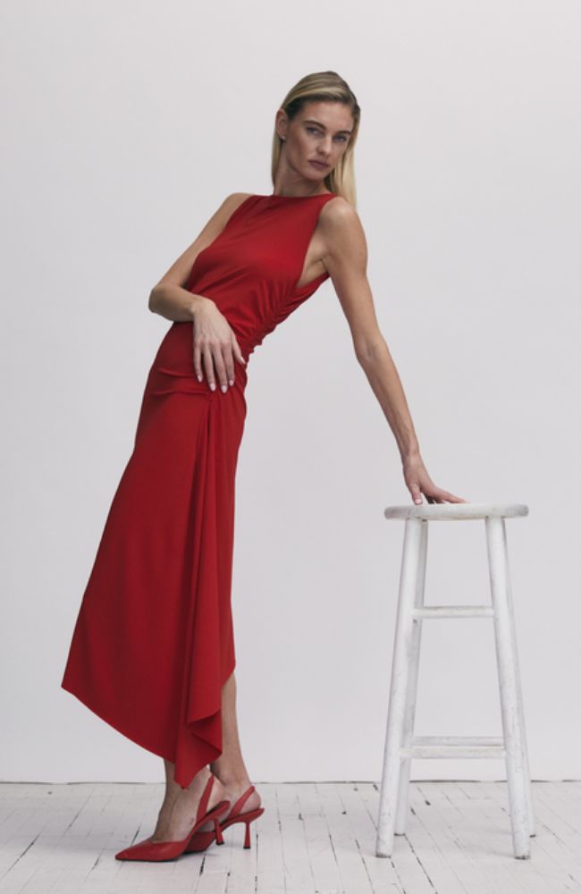 Asymetric Gathered Midi Dress Ruby / S