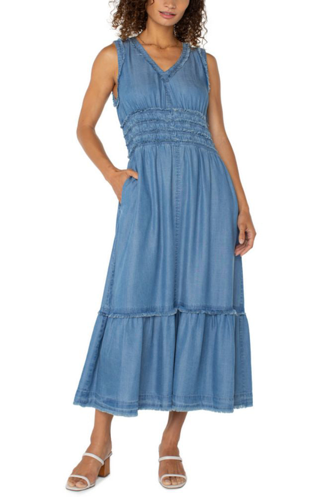 smocked v neck maxi dress Liverpool Fray Ruffle No stretch Body Color:Black with White Sleeves Indi Leisure Jasmine Halter Mini Dress