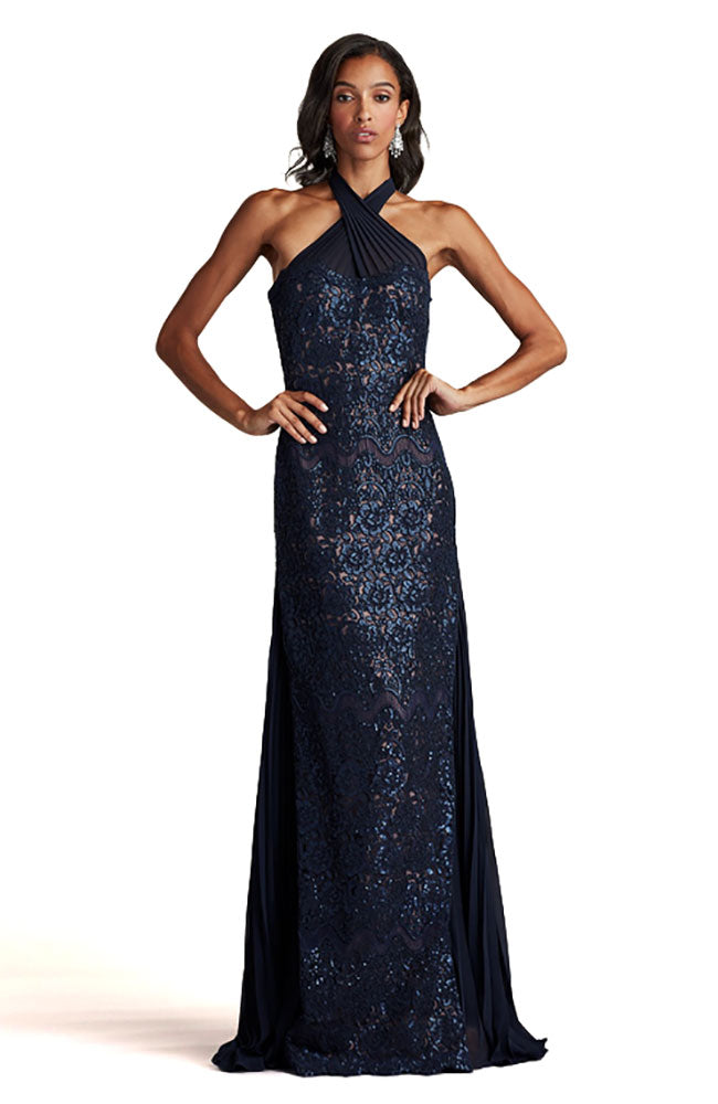 Dallas Royal Navy Nude Halter Gown  shoprodeodrive