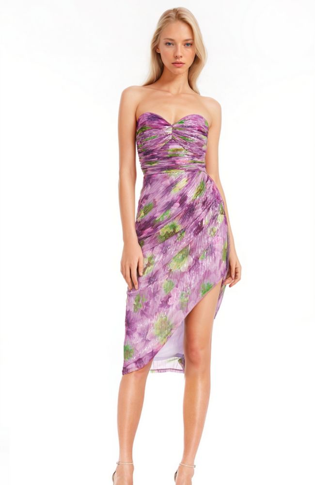 metallic floral print dress Metallic Floral Strapless Printed Dress – shoprodeodrive