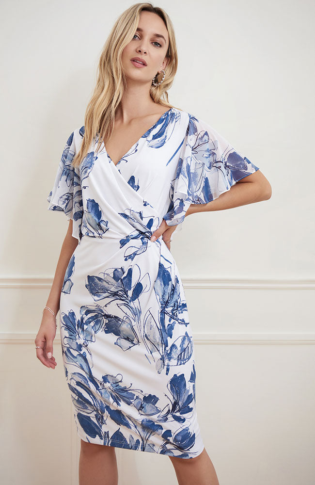 White Flutter Sleeve Dress Blue Floral Print – shoprodeodrive
