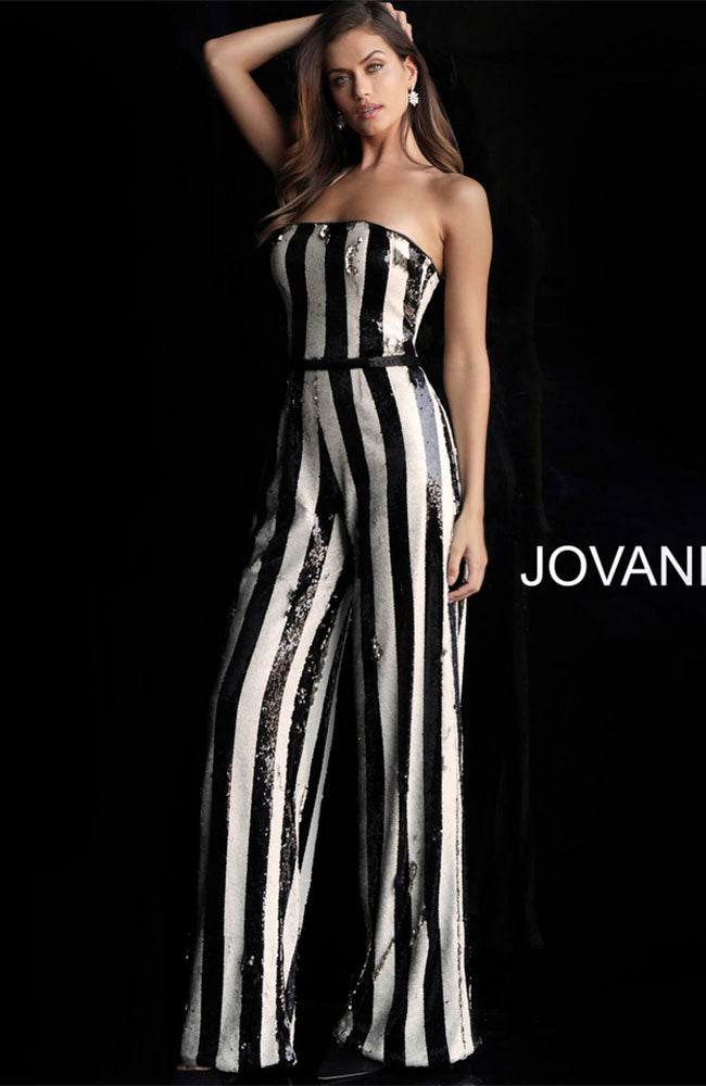 statement dress for birthday Strapless Black White Stripe Jumpsuit