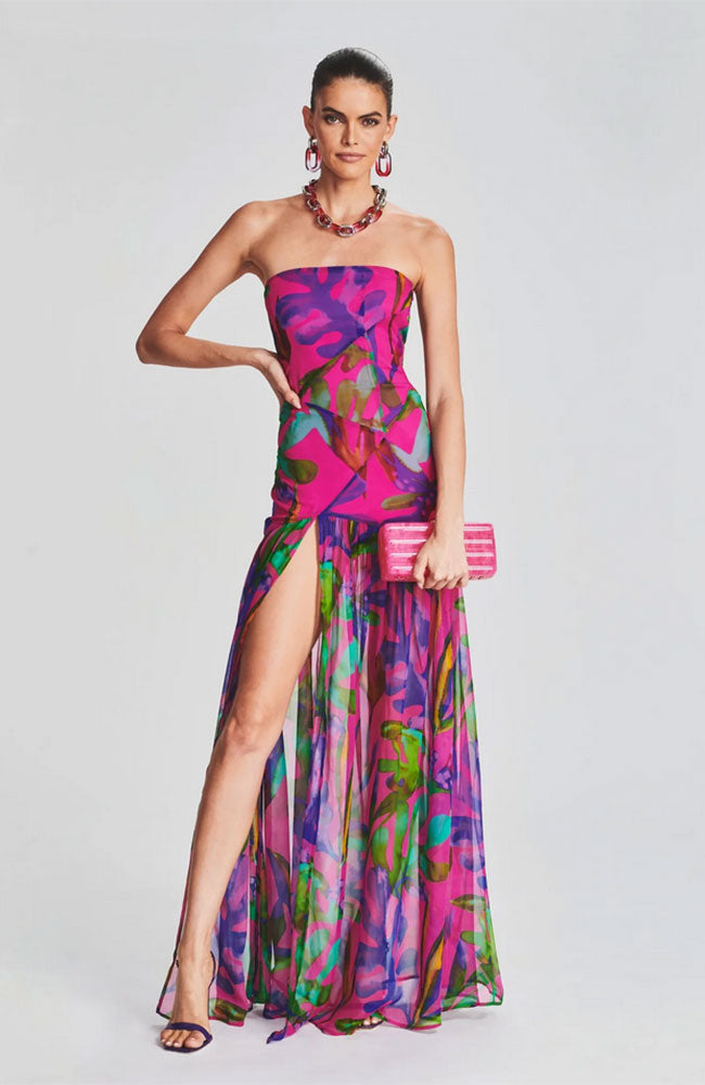 romantic silk dress MORANE golden jacquard long romantic silk dress with puffy sleeves Maisoncleo