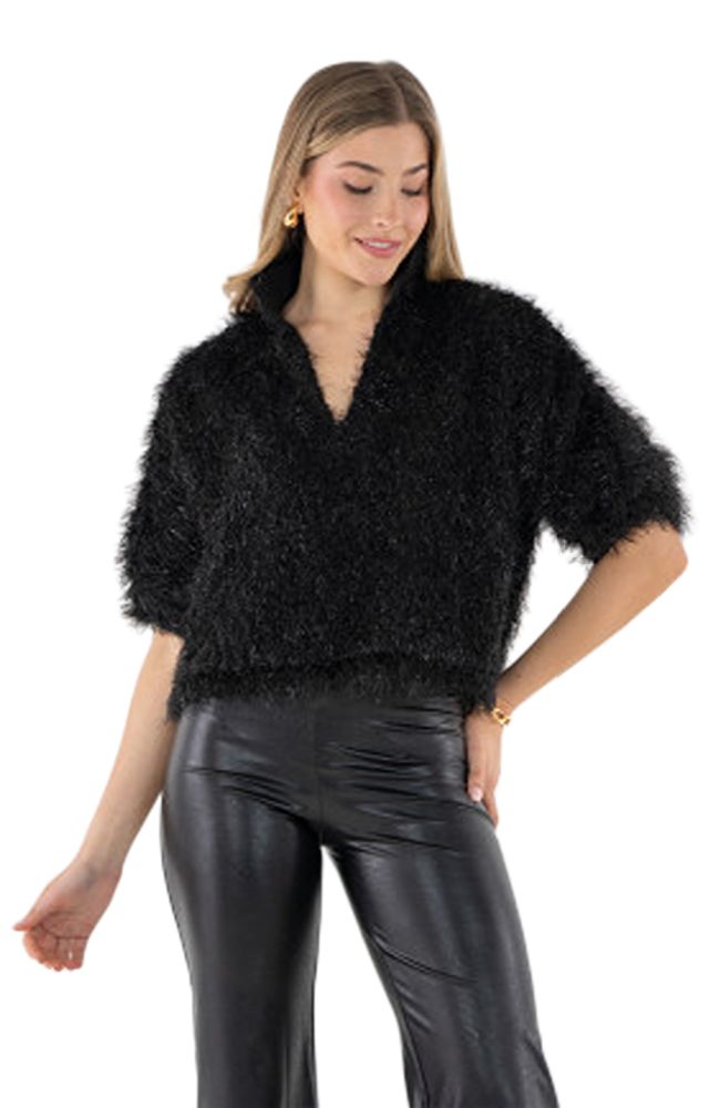Estelle Black Tie Feather Fringe Top