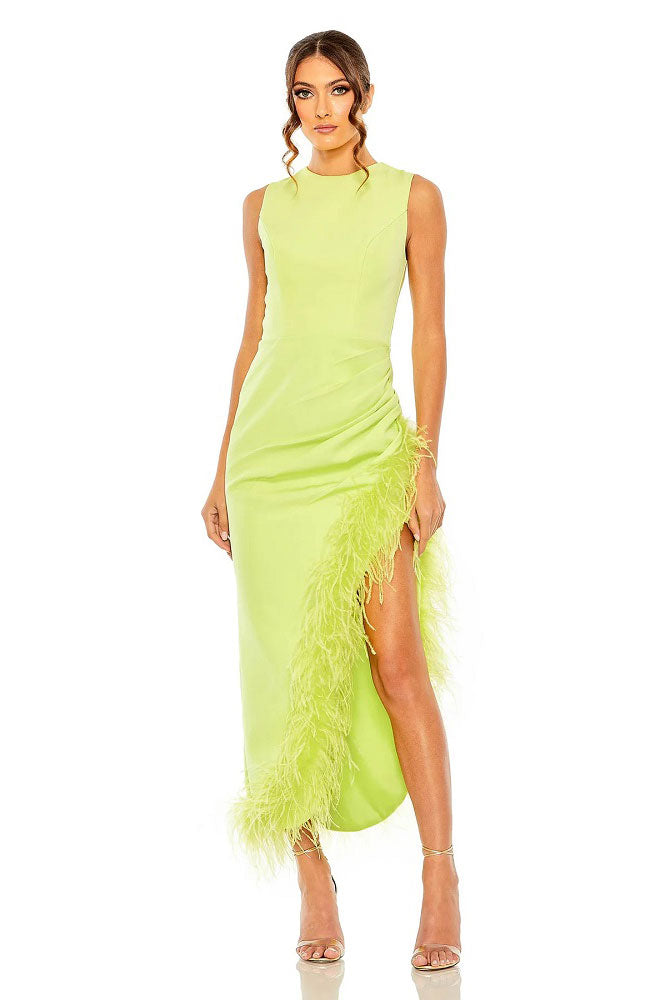 Ieena for Mac Duggal - Green Ruched High-Low Sheath Dress with Feather Trim