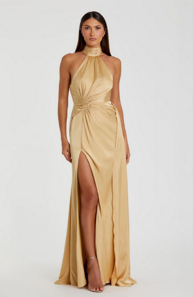 Open Back High Neck Ruched Gown
