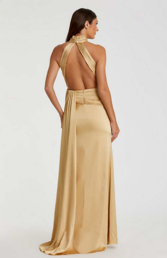 Open Back High Neck Ruched Gown