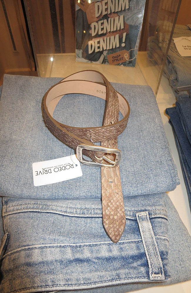 Taupe Snake Belt with Silver Rectangle Buckle