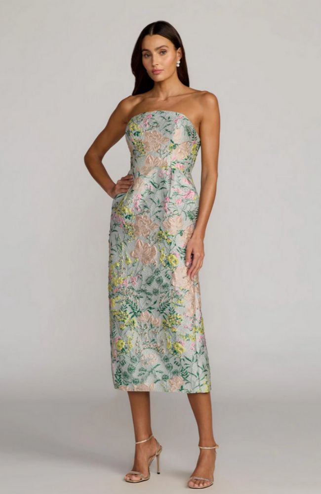 Strapless Brocade Midi Dress