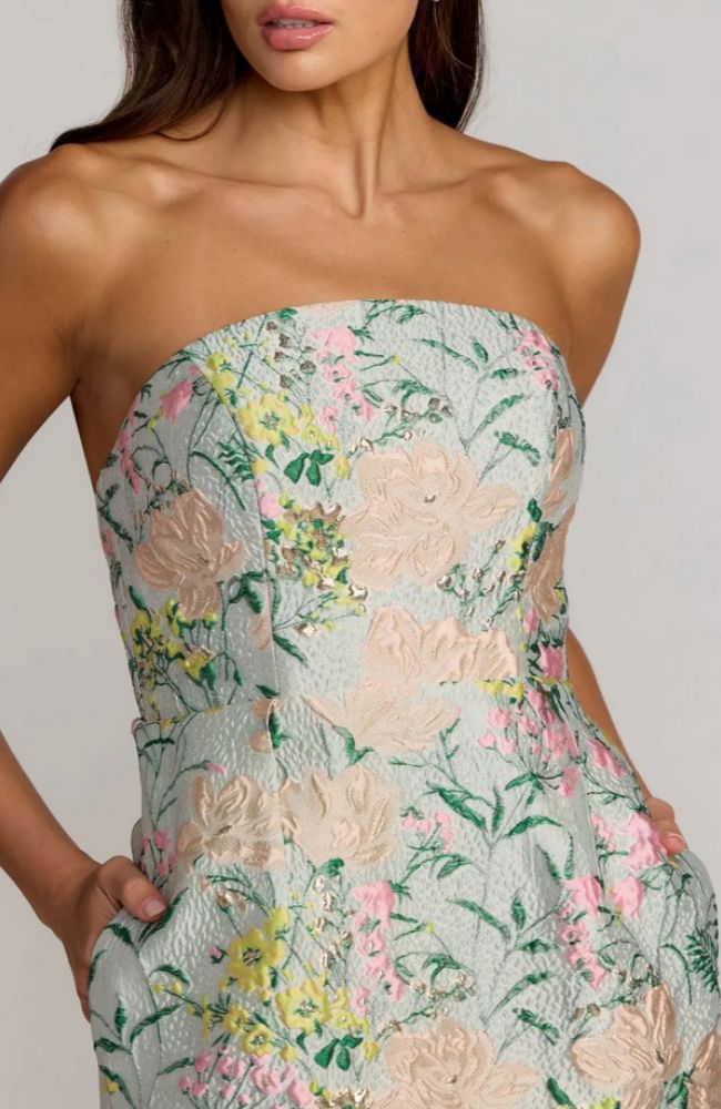 Strapless Brocade Midi Dress