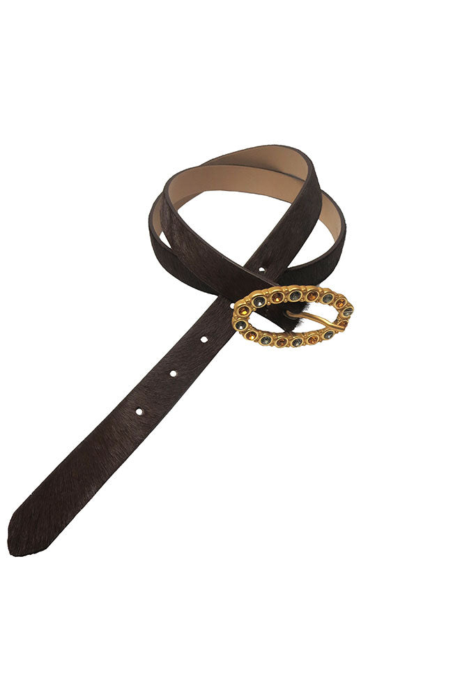 Chocolate Long Hair Belt with Multi Color Stone Buckle