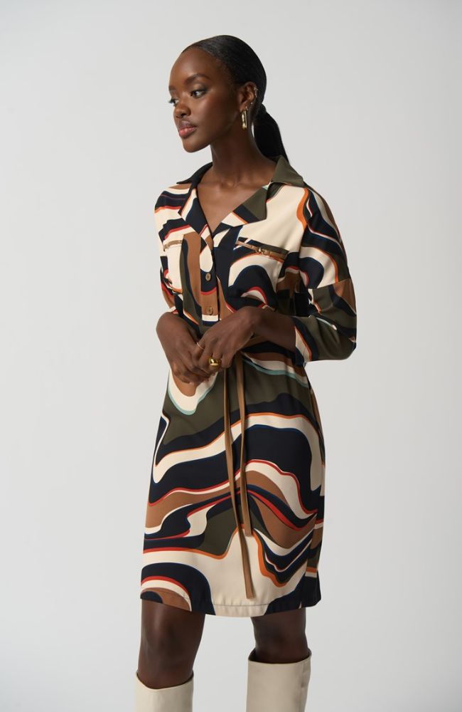 Abstract Print Belted Dress