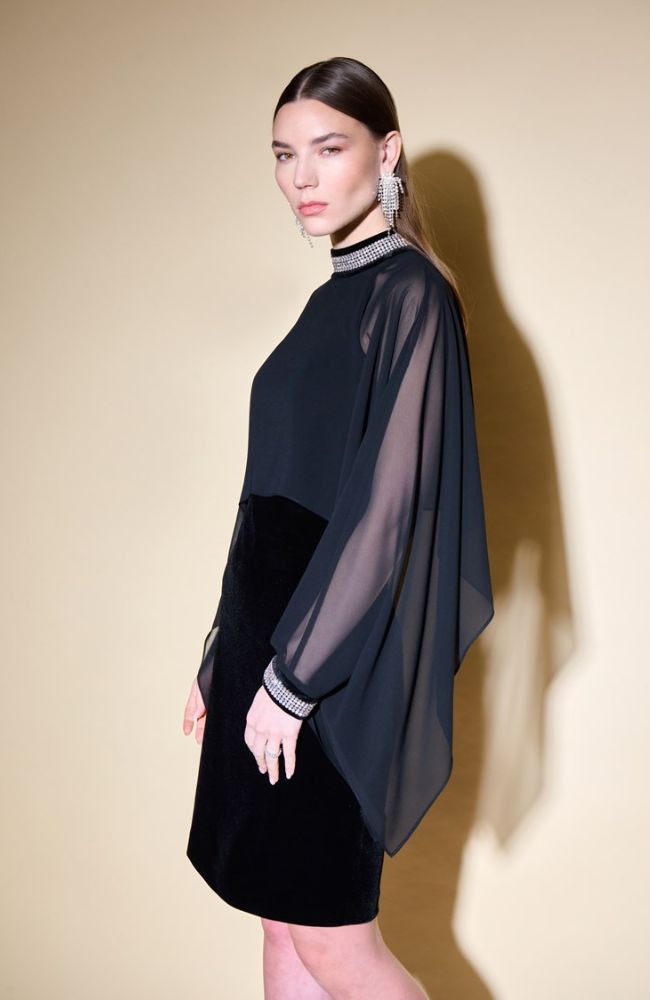 Velvet Chiffon Dress with Cape