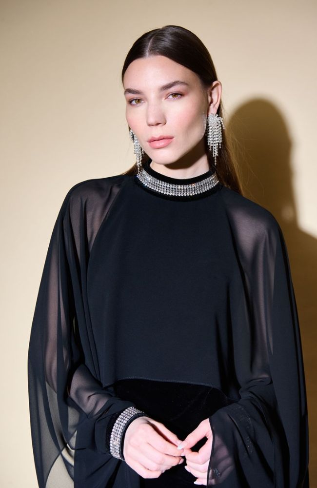 Velvet Chiffon Dress with Cape