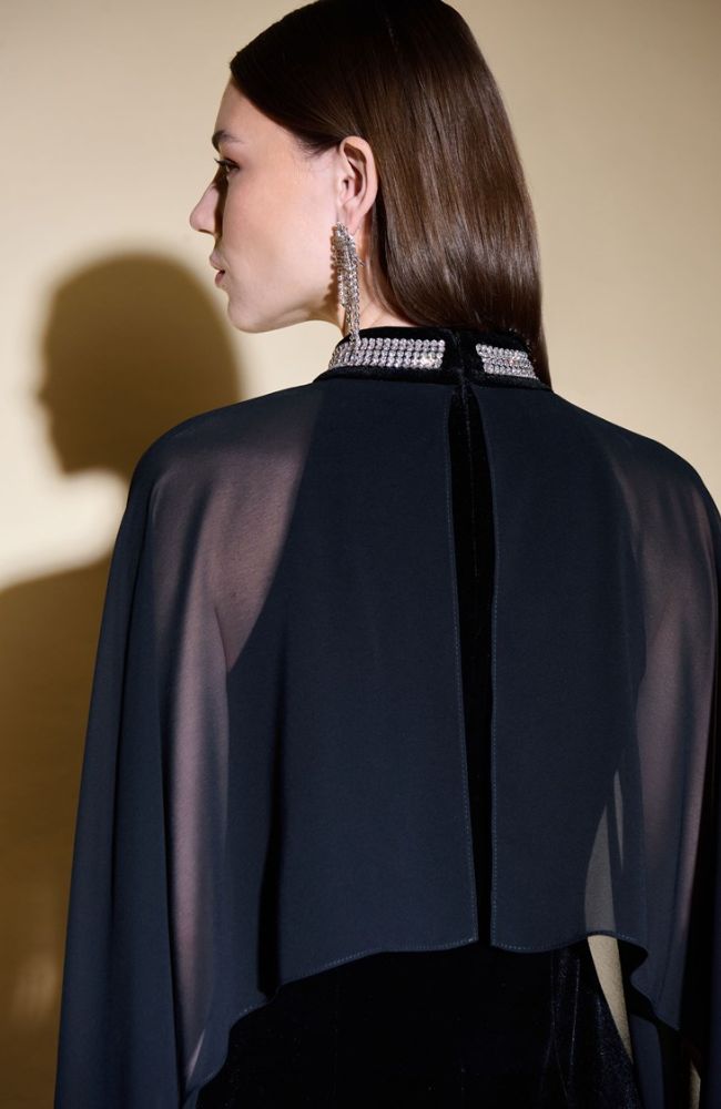 Velvet Chiffon Dress with Cape
