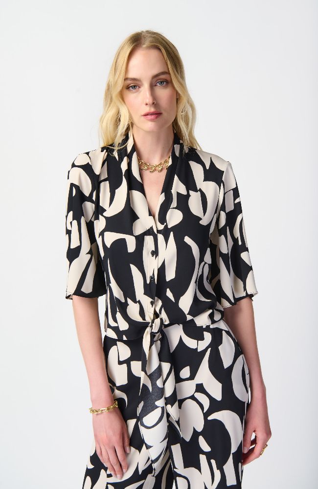 Abstract Print Woven Front Tie Blouse