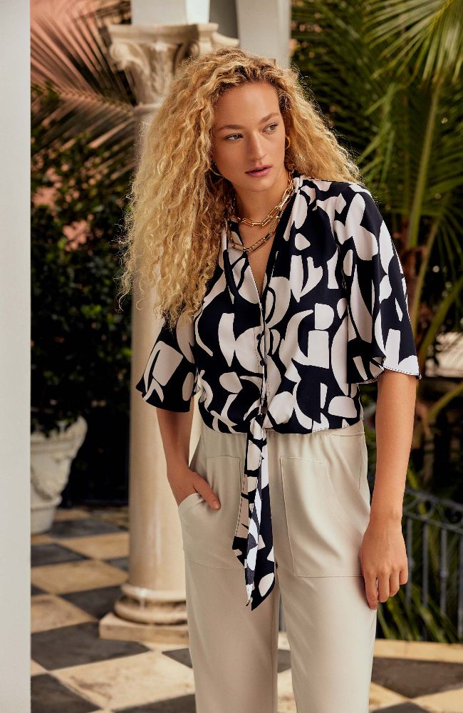 Abstract Print Woven Front Tie Blouse