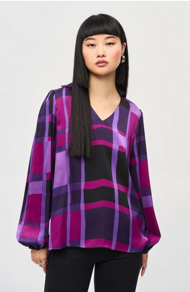 Satin Abstract Plaid Print Top