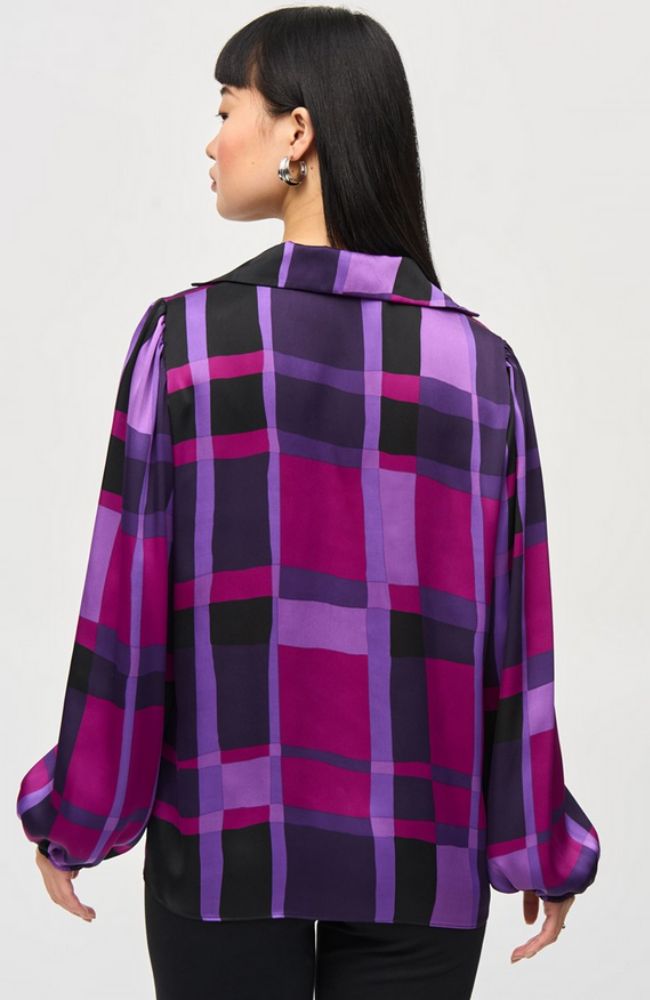 Satin Abstract Plaid Print Top