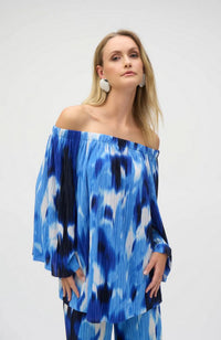 Pleated Novelty Tropical Print Off-Shoulder Top