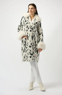 Feather Yarn Animal Jacquard Coat with Faux Fur Trim