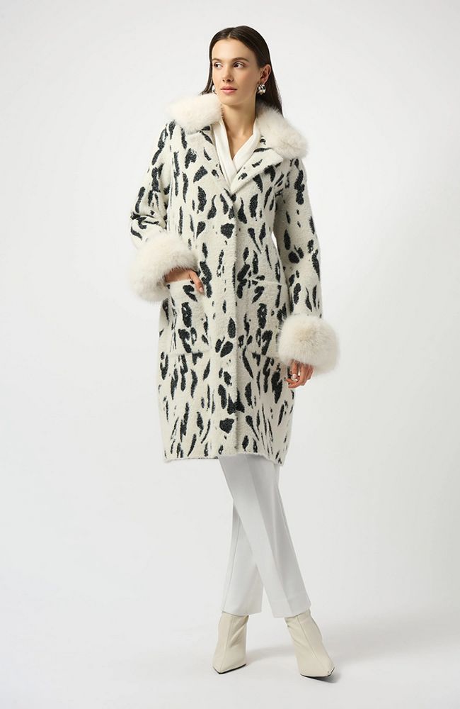 Feather Yarn Animal Jacquard Coat with Faux Fur Trim