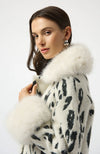 Feather Yarn Animal Jacquard Coat with Faux Fur Trim