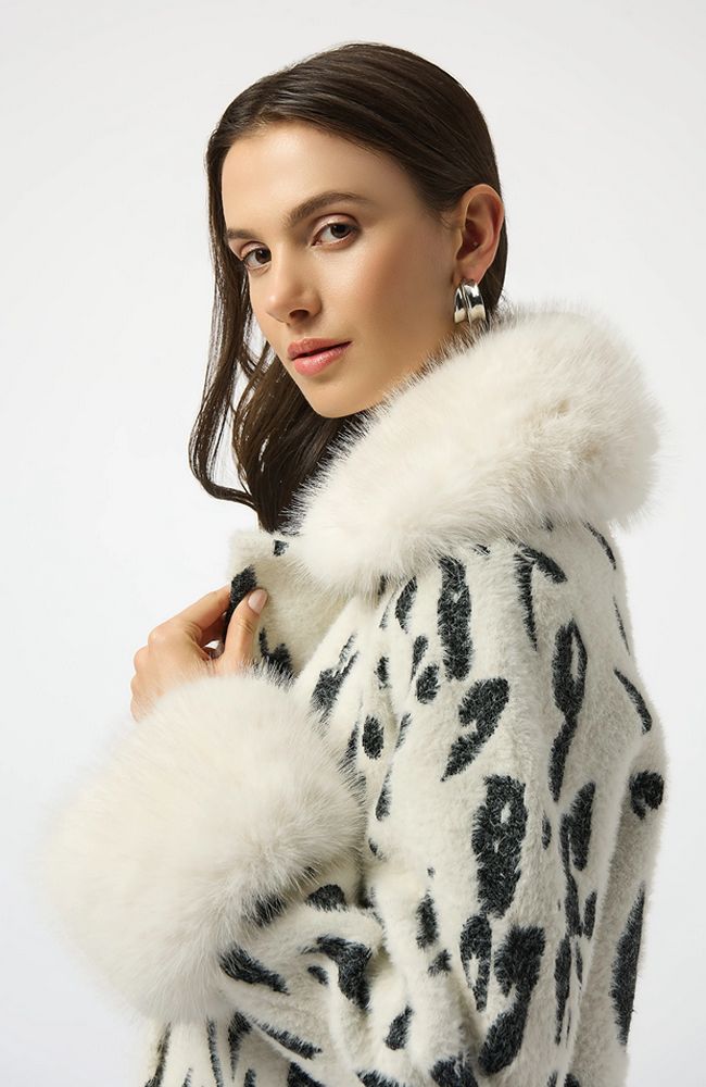 Feather Yarn Animal Jacquard Coat with Faux Fur Trim