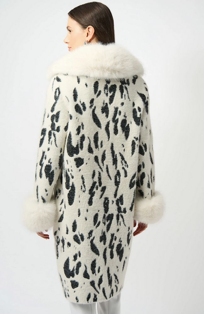 Feather Yarn Animal Jacquard Coat with Faux Fur Trim