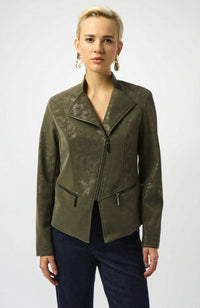 Foiled Faux Suede Fitted Moto Jacket in Avocado