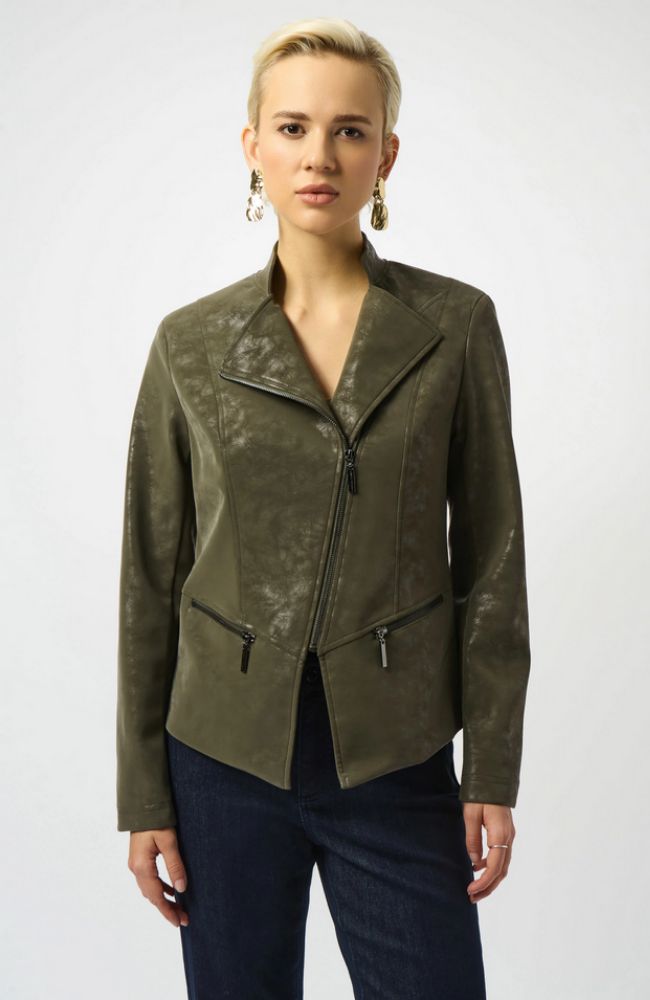 Foiled Faux Suede Fitted Moto Jacket in Avocado