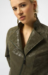 Foiled Faux Suede Fitted Moto Jacket in Avocado