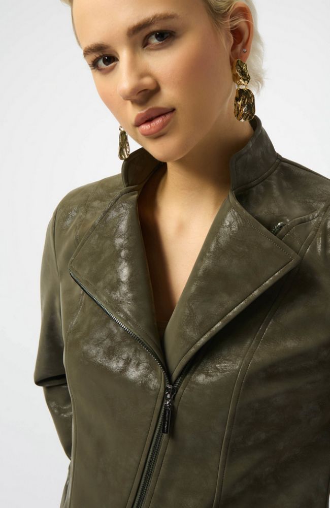 Foiled Faux Suede Fitted Moto Jacket in Avocado