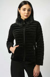 Stretch Velvet Puffer Jacket with Faux Fur Collar