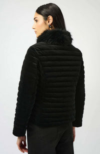 Stretch Velvet Puffer Jacket with Faux Fur Collar