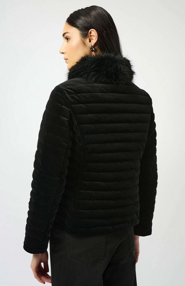 Stretch Velvet Puffer Jacket with Faux Fur Collar