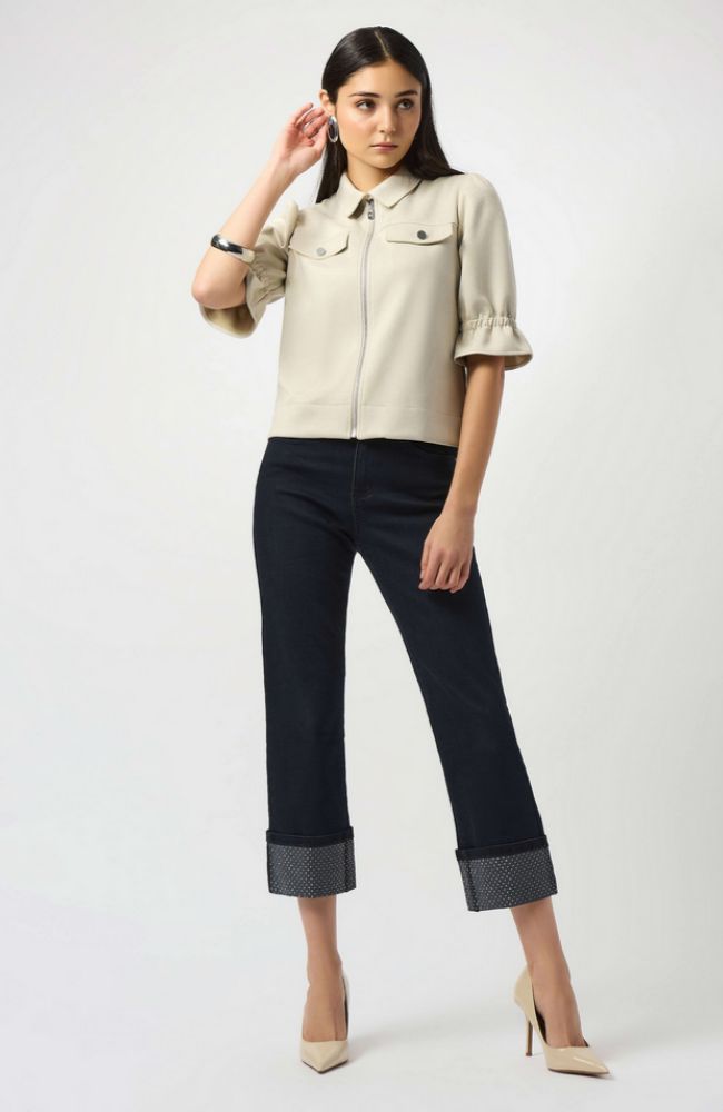 Straight Crop Stretch Jeans with Turned Hem