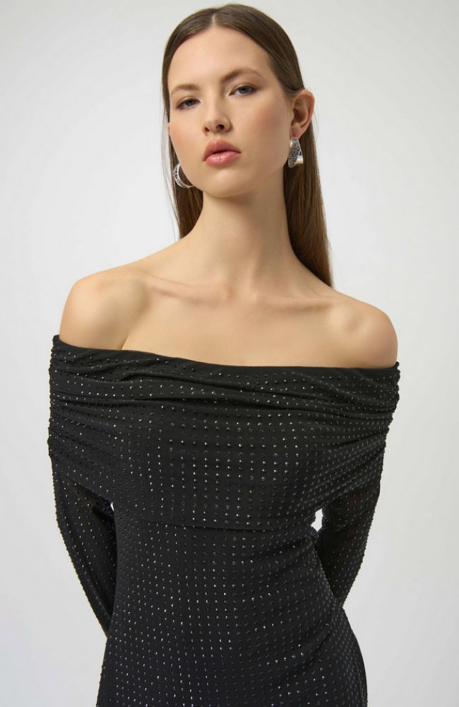 Rhinestone Mesh OTS Midi Dress