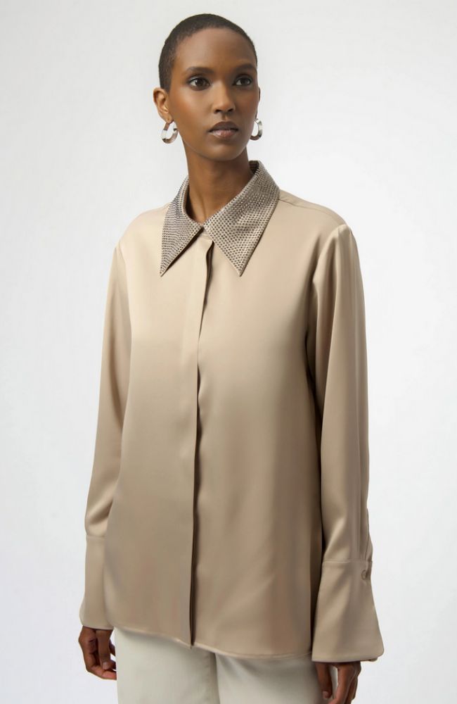 Satin Blouse with Emb Collar