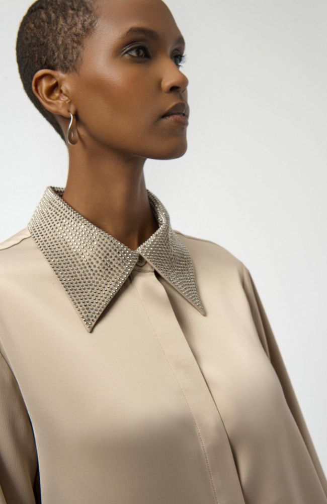 Satin Blouse with Emb Collar