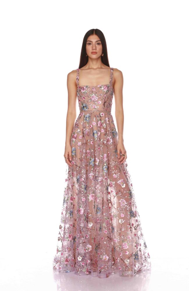 Midnight Embroidered Lilac Floral Gown