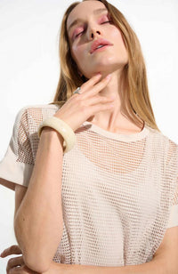 Silky Knit and Mesh Top in Moonstone