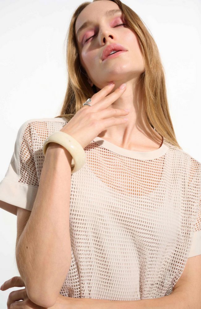 Silky Knit and Mesh Top in Moonstone